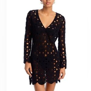 Aqua Swim Black Crochet Long Sleeve Dress (Size Medium)